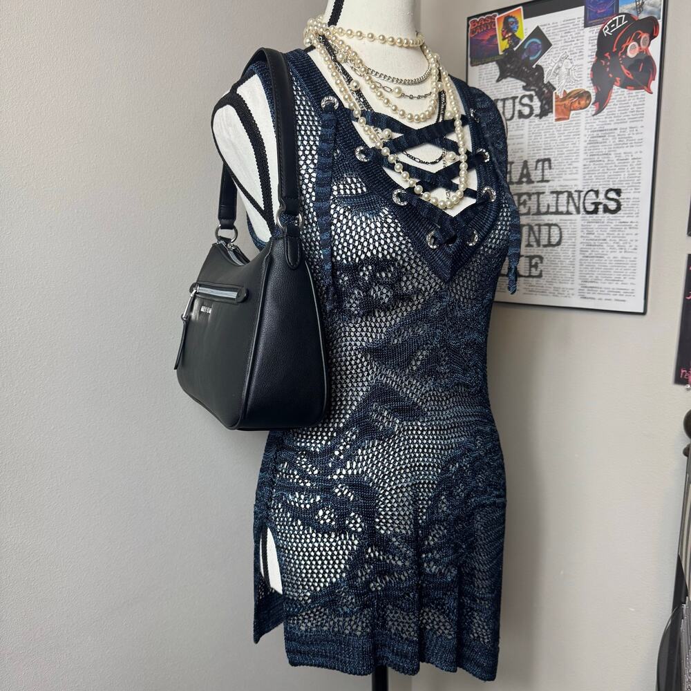 INC Rayon Blend Lace-Up Assymetrical Knit Blue Top /Dress